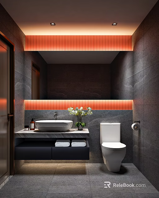 Modern Bathroom With Gray Stone Wall Orange Strip Lights Above Mirror White Sink And Toilet 3d model 