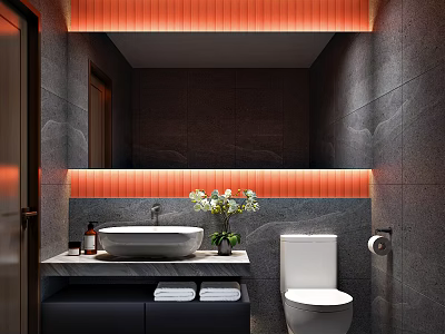 Modern Bathroom With Gray Stone Wall Orange Strip Lights Above Mirror White Sink And Toilet 3d model