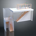 Modern Staircase Architectural Model With Wooden Steps White Railings And Landing