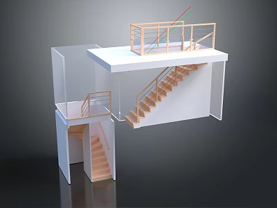 Modern Staircase Architectural Model With Wooden Steps White Railings And Landing 3d model