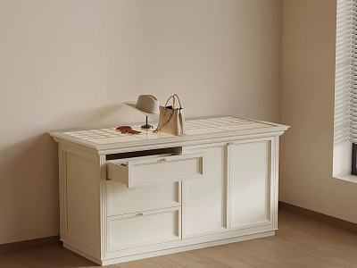 White Cabinet With Handbag Eyeglasses And Table Lamp In Light Room With Wooden Floor 3d model