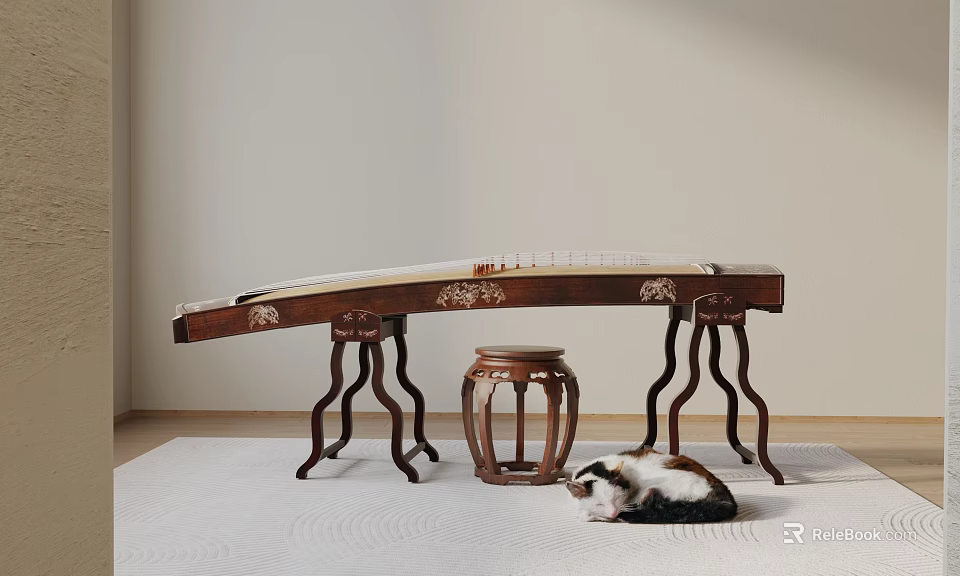 Elegant Traditional Chinese Zither and Art Painting Tools Display on Wooden Stand with White Carpet 3d model 
