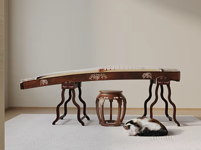 Elegant Traditional Chinese Zither and Art Painting Tools Display on Wooden Stand with White Carpet 3d model