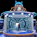 Futuristic Tech Exhibition Booth With Blue White Design Circular Structure Domed Top And People Around