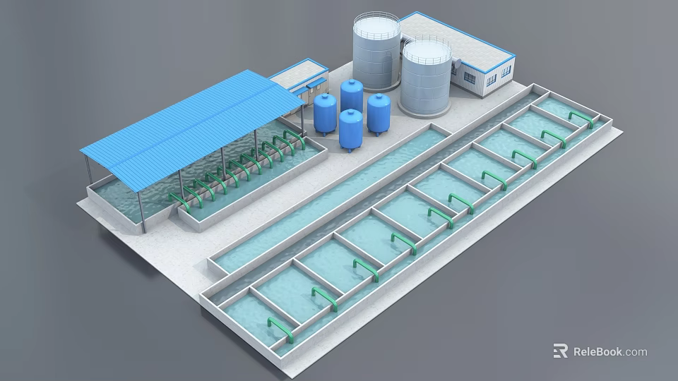 Efficient Industrial Equipment System with Water Tanks and Treatment Pools 3d model 