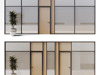 Modern Interior Partition With Glass Blinds Wooden Doors And Potted Plant 3d model