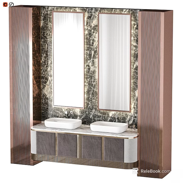 Elegant Modern Bathroom Vanity With Double Sinks Marble Wall And Double Mirrors 3d model