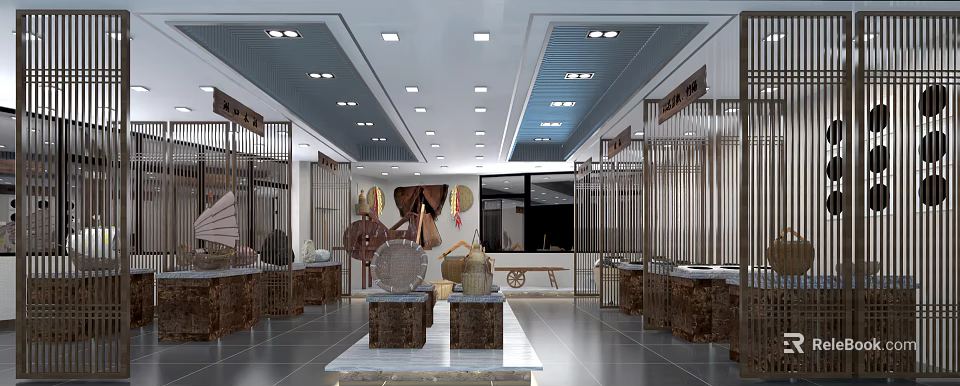 Traditional Exhibition Hall Interior With Spacious Layout And Wooden Display Cabinets 3d model 