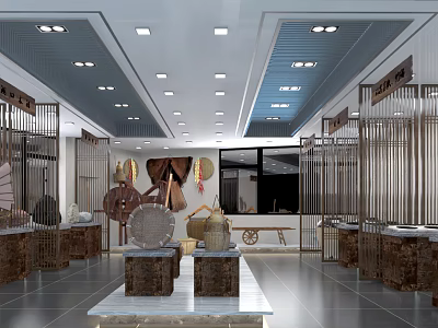 Traditional Exhibition Hall Interior With Spacious Layout And Wooden Display Cabinets 3d model