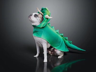 Cute Dog Sitting In Green Dinosaur Costume With Horns And Tail 3d model