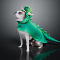Cute Dog Sitting In Green Dinosaur Costume With Horns And Tail
