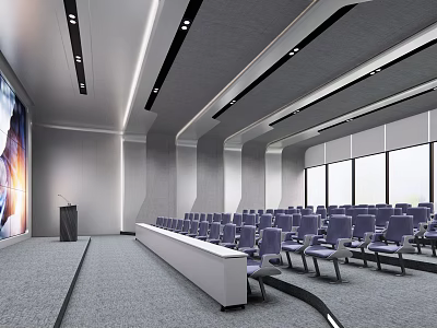 Modern Meeting Room Interior Design With Blue Chairs Podium Large Screen and Windows 3d model
