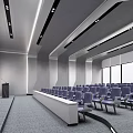 Modern Meeting Room Interior Design With Blue Chairs Podium Large Screen and Windows