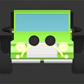 Cartoon Style Green Car With Large Wheels Blue Roof On Black Background And Reflection