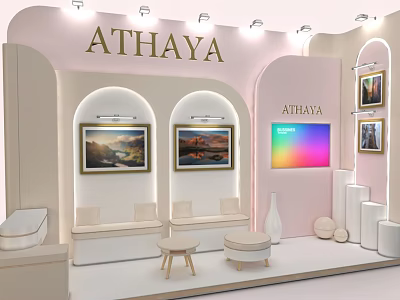 Athaya Exhibition Hall with Paintings Sofas and Decorative Elements in Arched Design and Pink Walls 3d model