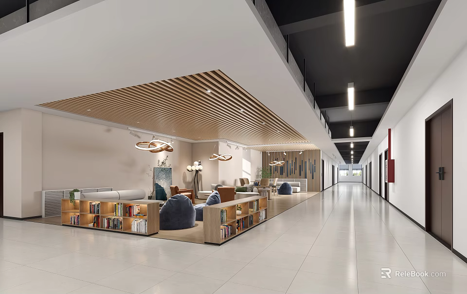 School Modern Public Study Area With Bookshelves Sofas And Bright Wooden Ceiling 3d model