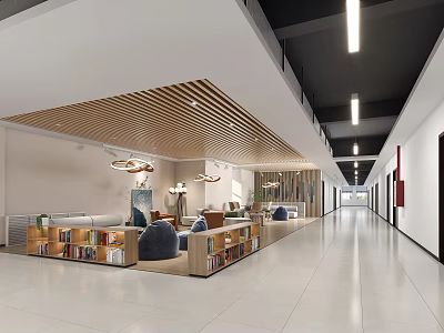 School Modern Public Study Area With Bookshelves Sofas And Bright Wooden Ceiling 3d model