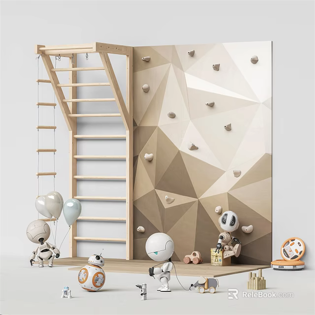 Wooden Ladder Climbing Wall Play Equipment With Geometric Patterns And Holds For Kids 3d model 