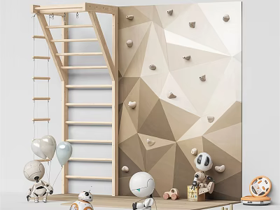 Wooden Ladder Climbing Wall Play Equipment With Geometric Patterns And Holds For Kids 3d model