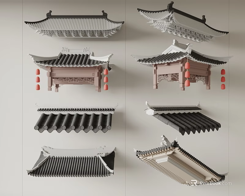 Traditional Chinese Architectural Roof Components With Curved Eaves Tile Patterns And Lanterns 3d model 