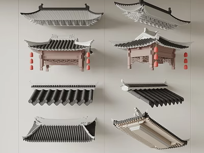 Traditional Chinese Architectural Roof Components With Curved Eaves Tile Patterns And Lanterns 3d model