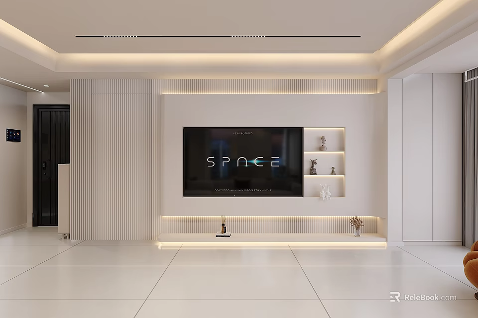 Modern Minimalist TV Background Wall With Striped Panels And Shelves 3d model 
