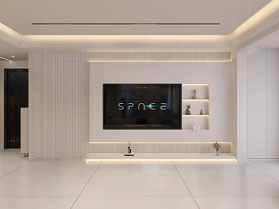Modern Minimalist TV Background Wall With Striped Panels And Shelves 3d model