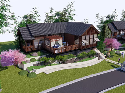 Traditional Villa with Bamboo Cherry Trees Green Lawn Wooden Structure Black Roof and Stone Pathway 3d model
