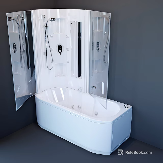 Sleek Modern White Bathtub with Glass Shower Doors and Chrome Faucet Fixtures 3d model 