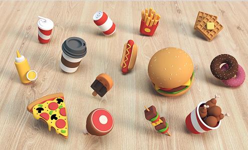 Cartoon Food Q Fast Food Hamburger Milk Tea Pizza Fries Donuts 3d model