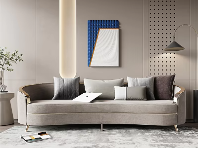 Elegant Modern Multi Person Sofa With Decorative Cushions And Abstract Painting In Stylish Living Room 3d model