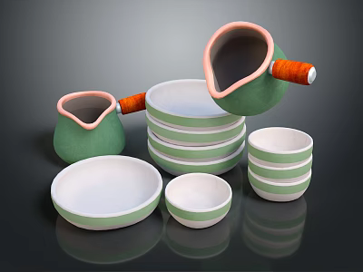 Stylish Modern Dinnerware Set Green And White With Stackable Bowls Plates And Handle Pitchers 3d model