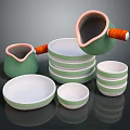 Stylish Modern Dinnerware Set Green And White With Stackable Bowls Plates And Handle Pitchers