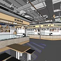 Modern Food Court Interior With Seating Area Bright Lighting And Counter Layout