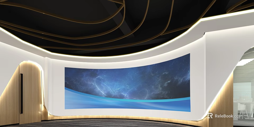 Curved White Display Wall With Large Blue Starry Sky Screen And Gold Black Decor 3d model 