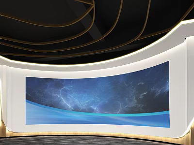 Curved White Display Wall With Large Blue Starry Sky Screen And Gold Black Decor 3d model