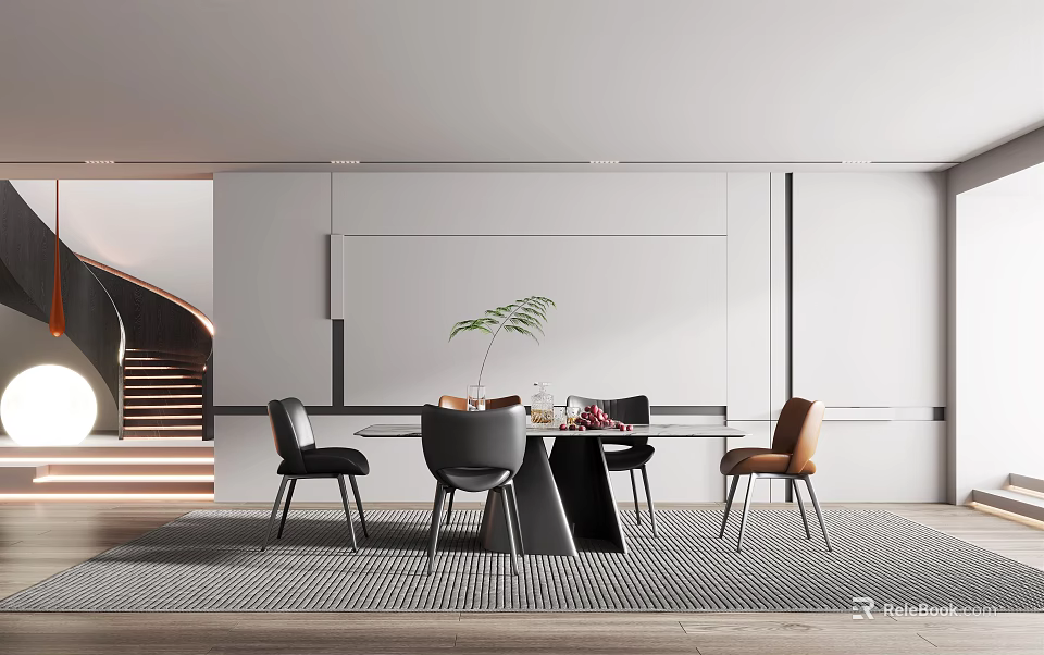 Modern Minimalist Restaurant Interior With Round Dining Table Colorful Chairs Green Plant And Patterned Rug 3d model 