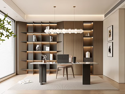 Modern Study Room Interior Design With Built in Bookshelves Wooden Desk And Pendant Lighting 3d model