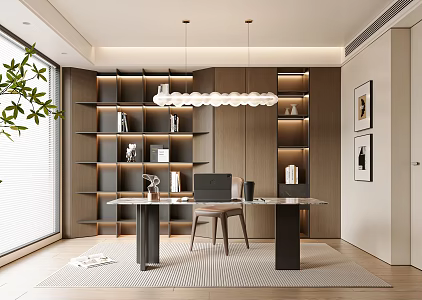 Italian Study Bookcase Chandelier Desk Chair 3d model