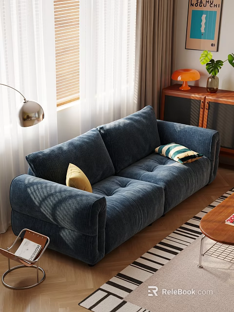 Deep Blue Double Seater Sofa With Accent Pillows Floor Lamp And Wooden Side Cabinet 3d model 