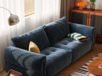 Deep Blue Double Seater Sofa With Accent Pillows Floor Lamp And Wooden Side Cabinet 3d model