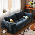Deep Blue Double Seater Sofa With Accent Pillows Floor Lamp And Wooden Side Cabinet