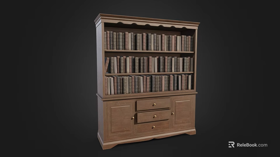 Wooden Bookshelf With Multiple Shelves Drawers And Cabinet Doors Filled With Books 3d model 