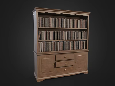 Wooden Bookshelf With Multiple Shelves Drawers And Cabinet Doors Filled With Books 3d model