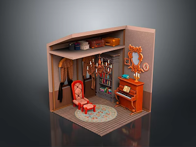 Miniature Room Interior With Wardrobe Red Chair Piano Bookshelf Mirror And Carpet 3d model