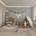 Bright Kids Playroom with Light Blue Walls Star Decorations Hello Sign Bunting and Rabbit Tent