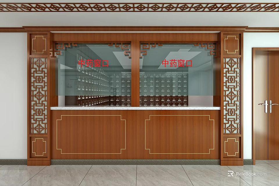 Traditional Chinese Medicine Pharmacy Window With Wooden Cabinet And Herb Shelves 3d model 