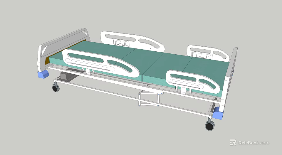 Modern Medical Equipment Hospital Bed with Green Mattress White Rails and Wheeled Base 3d model 