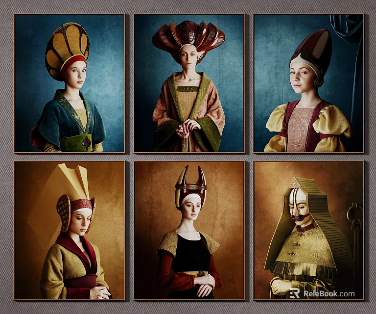 Classical Style Female Figure Portrait Artworks With Traditional Costumes And Unique Headpieces 3d model 