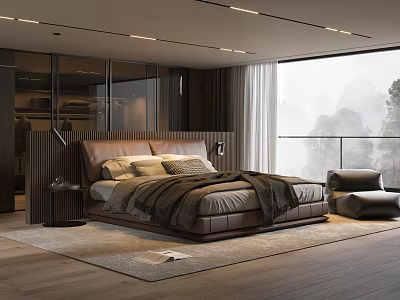 Modern Double Bed With Brown Headboard Plush Pillows Throw Blanket And Large Window Mountain View 3d model